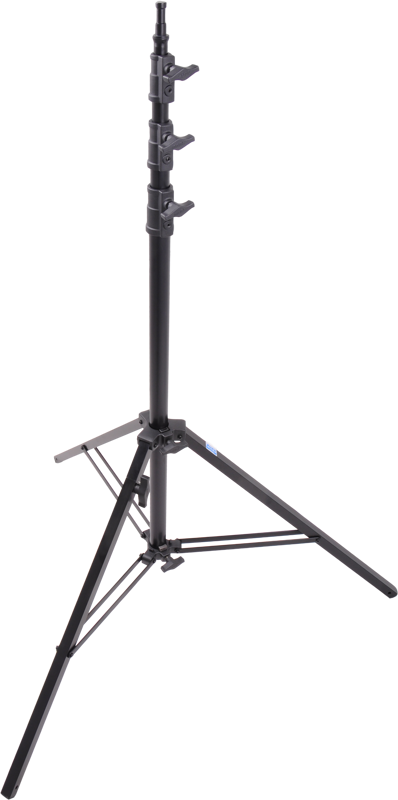 This stand has welded aluminum stud square legs for added stability and a leveling leg for uneven surfaces. This stand is 4m and can support 10 kg. It has metal locking collars and knobs. The legs are square and the top stud is welded for extra stability.