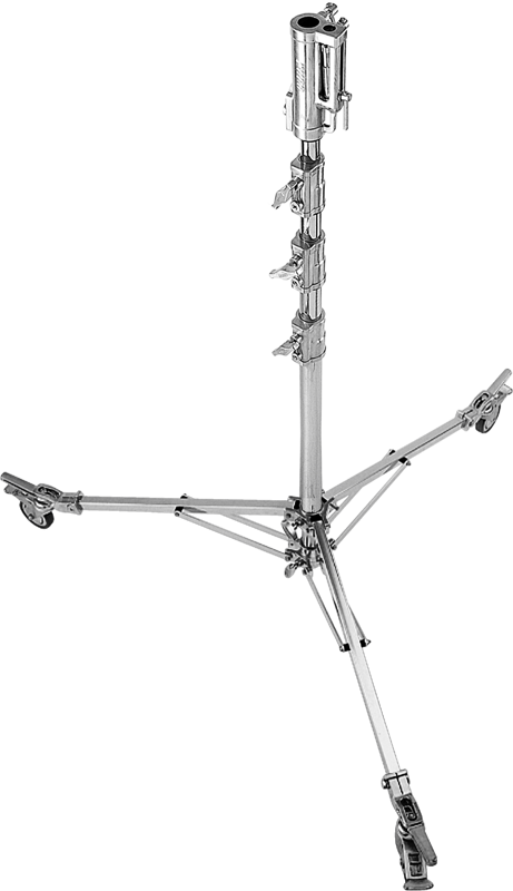 The High Roller Stand delivers superior strength with a triple function universal combo head and a 4.28m working height all on a mobile wheeled base. It has a maximum load capacity of 40kg. Maximum height of 4.28m using a 3 riser