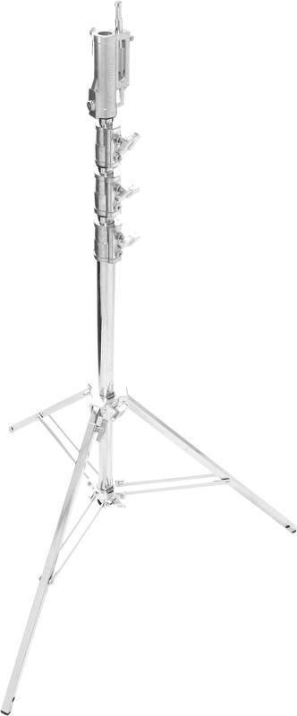 The Master Cine Stand comes equipped with a triple function universal combo head Triple Function Universal Head with 1 1/8" (28mm) and 5/8" (16mm) Receivers with Multi-Direction 5/8" (16mm) Stud. It also includes a leveling leg for uneven terrain.
