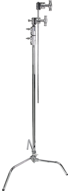 The Kupo Master C Stand with Sliding Leg has two legs that are spring loaded to open in fixed positions while the third leg is height adjustable by loosening a locking knob and sliding it up and down the main riser section.