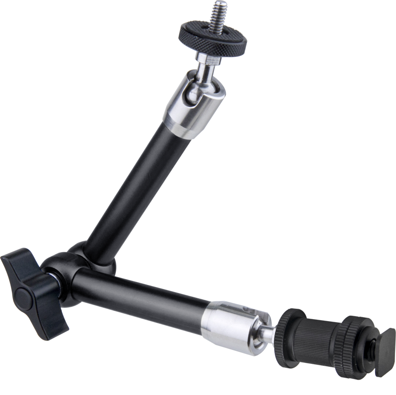 This precision crafted articulating arm is designed for holding field monitors or accessories. The two 1/4"-20 threads at either end are attached to ball joints that rotate 360 degrees plus a cut-out in the sleeve surrounding the ball allows the thread to be rotated 90 degrees.