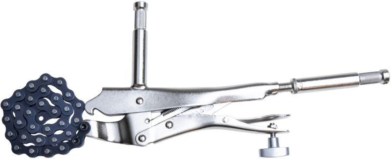 This clamp consists of a locking pair of pliers with a 6" length of chain that can be wrapped around odd shaped objects such as a tree branch.
