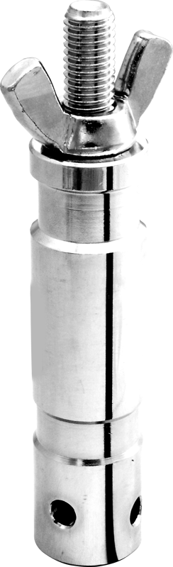 A 28mm steel spigot with M12 thread and wing nut. Allows the spigot to be attached to a lighting yoke then fits into a standard lighting stand with a 28mm receiver.