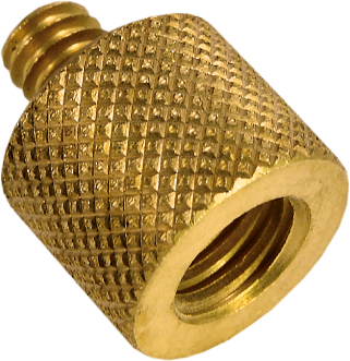 This is a small adapter that converts a 3/8"-16 female thread to a 1/4"-20 male thread. It is made from brass.