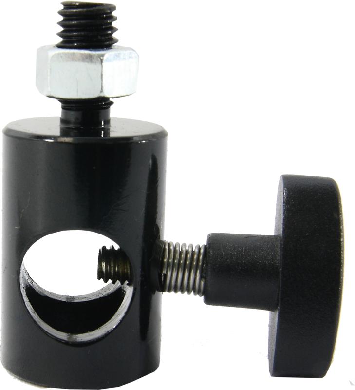 This adapter consists of a baby receiver with a 3/8"-16 male thread attached to the top of it that can be mounted on any baby stud with a set-screw and knob to lock it firmly in place.