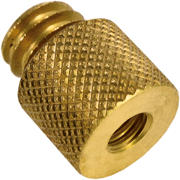 This is a small adapter that converts a 3/8"-16 male thread to a 1/4"-20 female thread. It is made from brass.