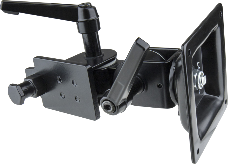 This robust adapter allows you to mount monitors up to 8 kg onto any clamp with a hex receiver such as the Convi Clamp and secure the clamp to a pole. The adapter pans and tilts and is locked down with two metal ratcheting handles.