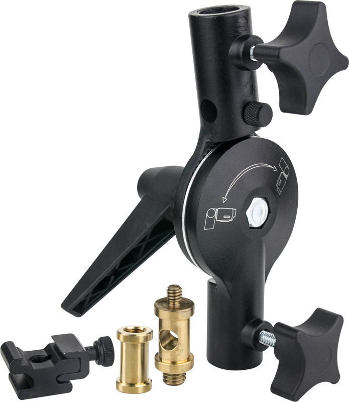 A heavy-duty cast aluminum alloy bracket which features a counterbalance mechanism designed to prevent the speedlite from flopping over when the knob is loosened.