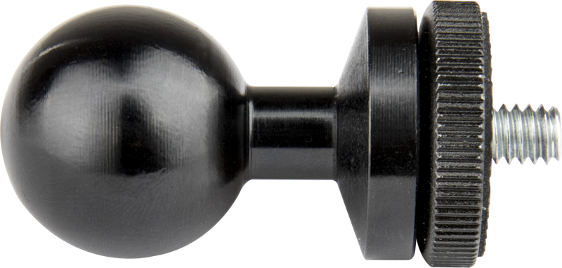 CNC aluminum ball ( Dia. 26mm) with black anodized finish. The round plate offers extra support and stability for cameras. The male 1/4"-20 threaded steel stud matches most standard camera and camcorder female threads found on the base of the camera.