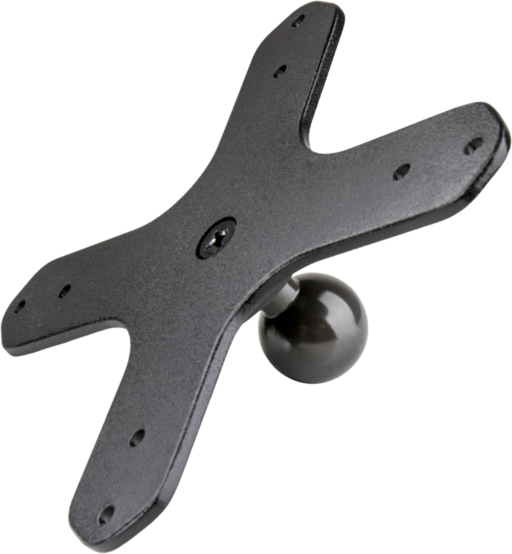 This Super Knuckle VESA Monitor Holder Adapter features an "X" shaped flange with holes drilled for 75x75mm and 100x100mm VESA mounts on one side and a ball joint on the other.