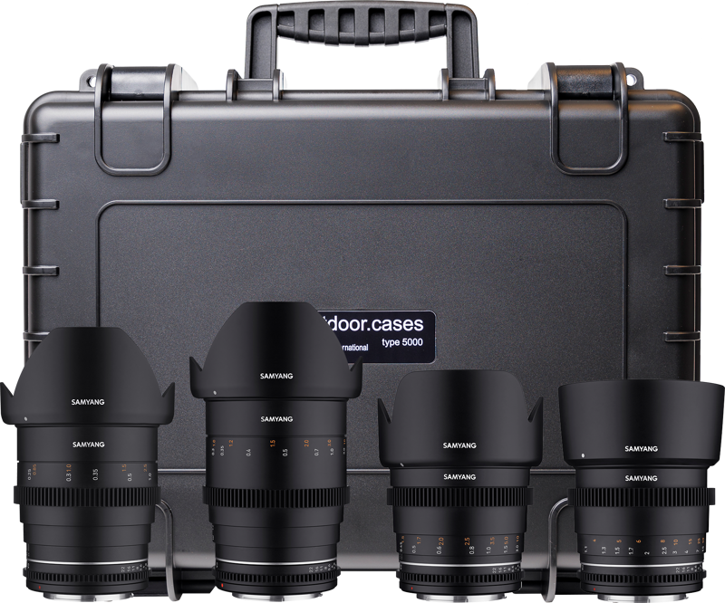 Kit with 4 Samyang VDSLR MK2 lenses and hardcase from B&ampW Outdoor Cases. The Samyang VDSLR MK2 line-up is a series of affordable cine lenses with a professional feel. All lenses comes with enhanced weather sealing