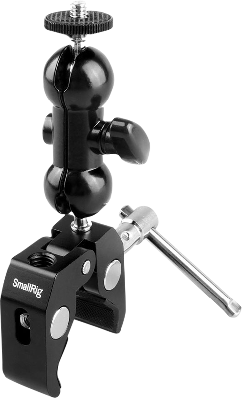 A Multi-Function Double Ball Head with bottom clamp and 1/4" screw.