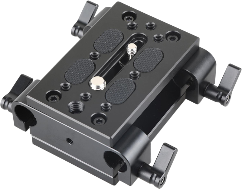 Combined by two SmallRig Tripod mounting plate w/15mm rail block. Used for long length