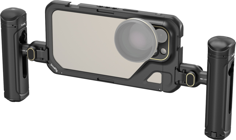 Dedicated two-handed video kit for iPhone 15 Pro Max with two side handles for more stable videoing. The wireless control handle allows “one-click” shooting
