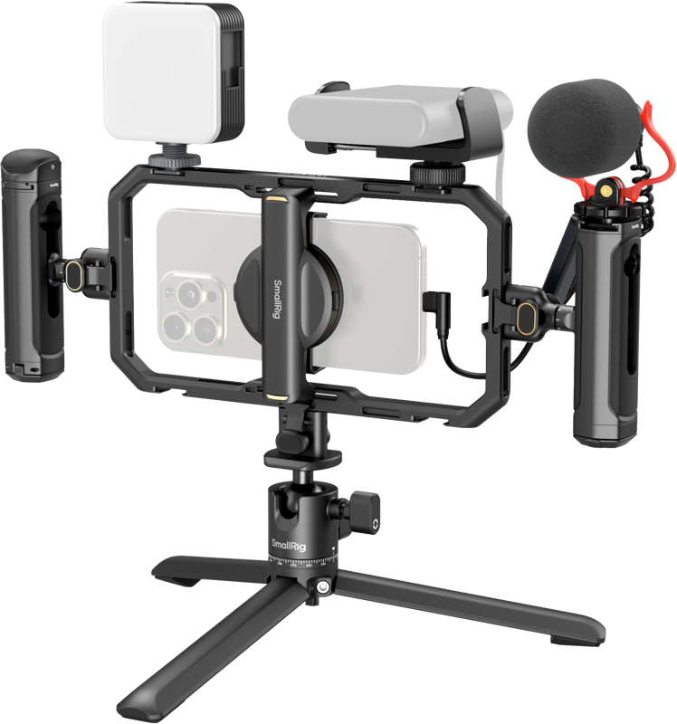 Provides a comprehensive solution for professional smartphone video shooting. The kit includes a universal cage for smartphones