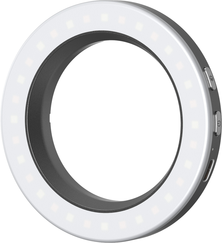 A lightweight ring fill light designed for versatile applications. It can be easily attached to a phone case or cage using the 67mm threaded adapter or quickly mounted onto a phone with a 67mm filtermount adapter. Furthermore