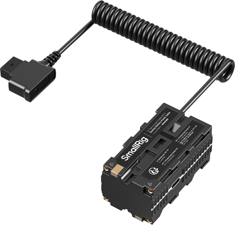 A multifunctional dummy battery power cable featuring one D-Tap input and four outputs: two NP-F outputs