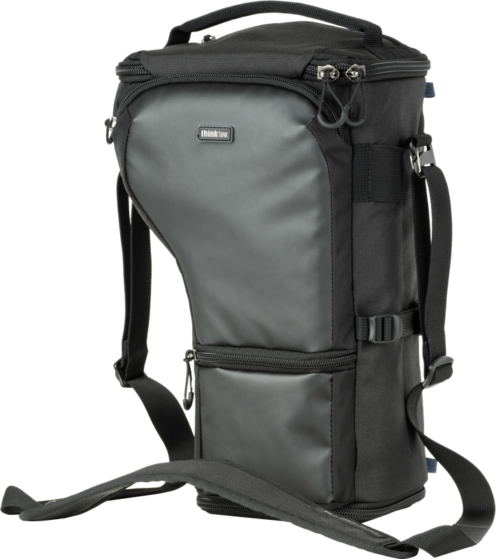 Unique holster developed specifically for a standard-size camera body with a 70-200mm f/2.8 attached with its hood reversed. Popped-down