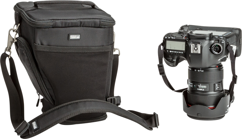 Unique holster developed for gripped DSLR with a 24-70mm f/2.8 lens hood in shooting position