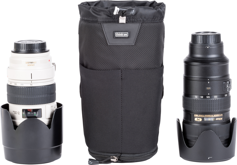 Modular pouch accommodates a 70–200mm f/2.8 lens with hood reversed or in shooting position when popped down