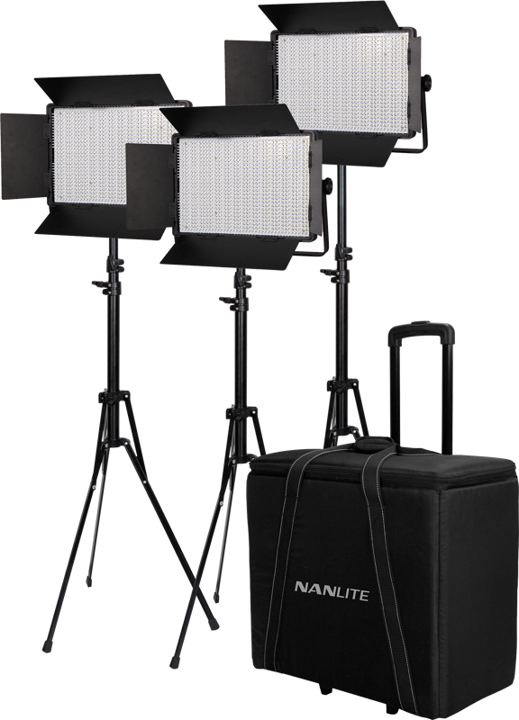 Lighting kit composed of 3 Nanlite 1200DSA DMX LED Panel with VLOCK battery feature and Barn Doors