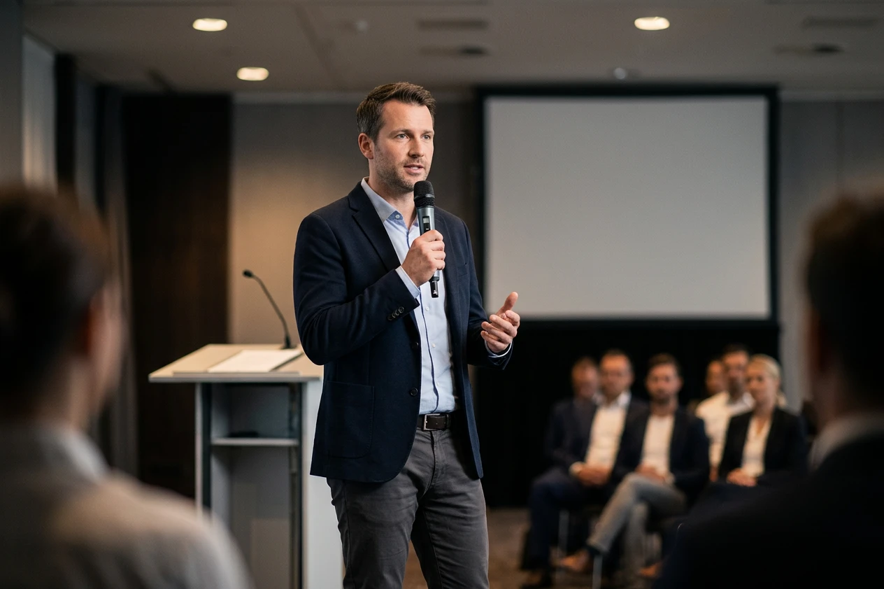 Käsimikrofoniga lavapresentatsioon