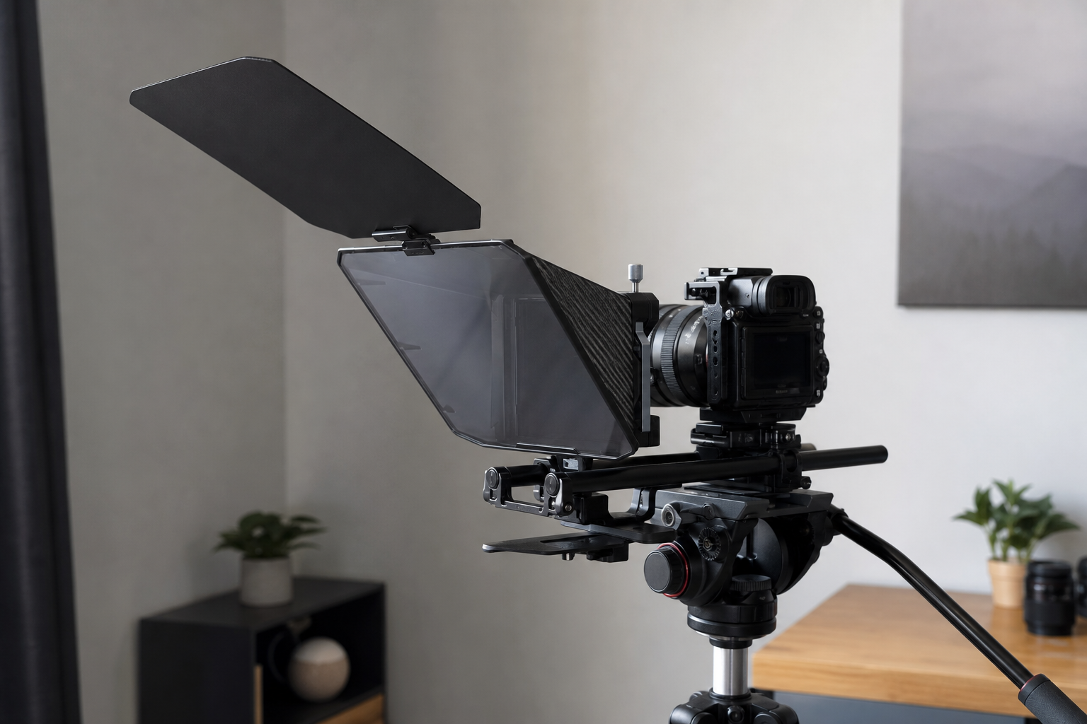 Compact teleprompter rig mounted on a mirrorless camera