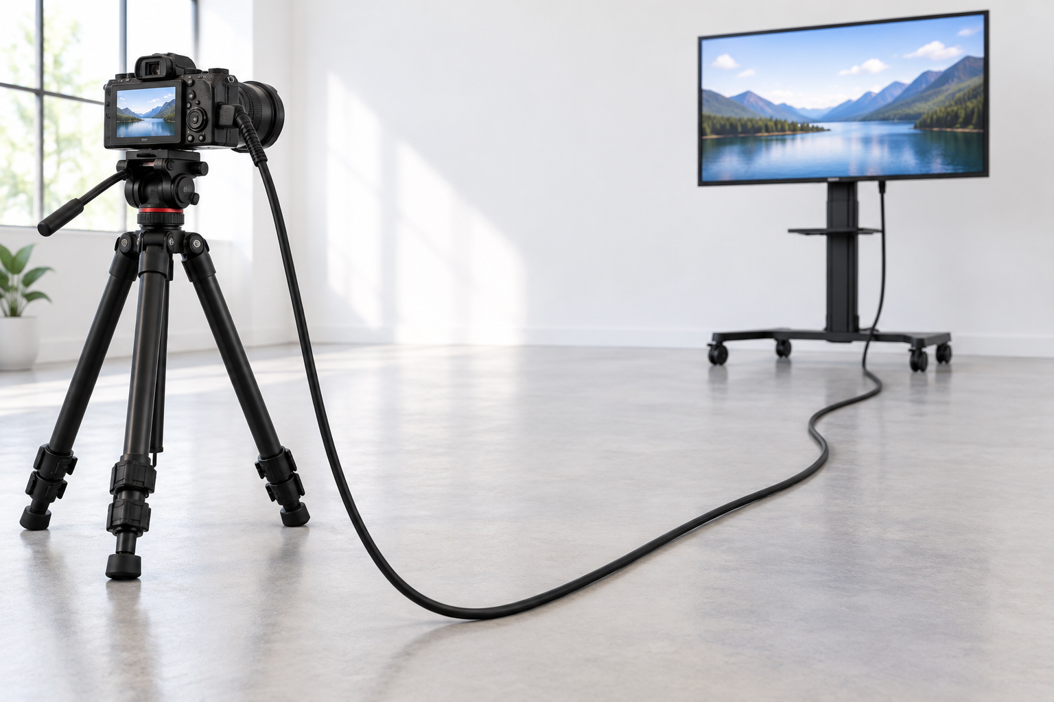 Pitkä aktiivinen HDMI-kaapeli studion lattialla