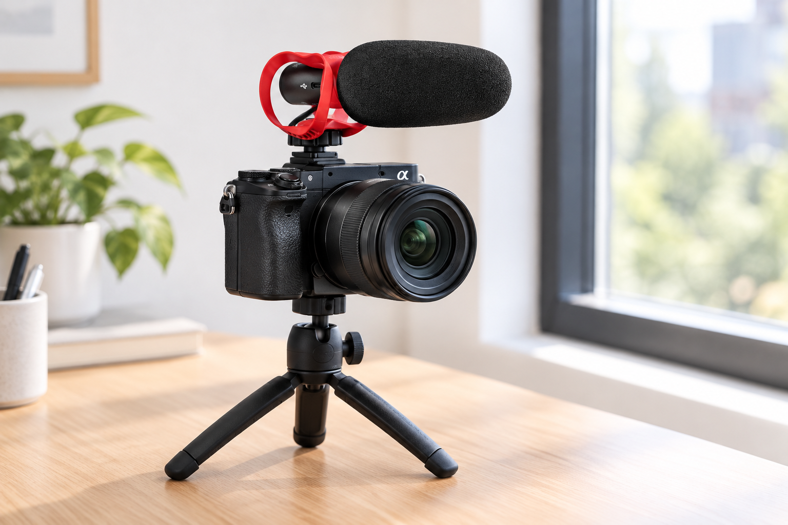 Camera with shotgun microphone on tripod