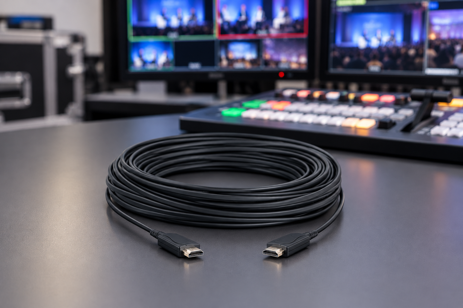 Kiepillä oleva optinen HDMI-kaapeli kuvamixserin vieressä