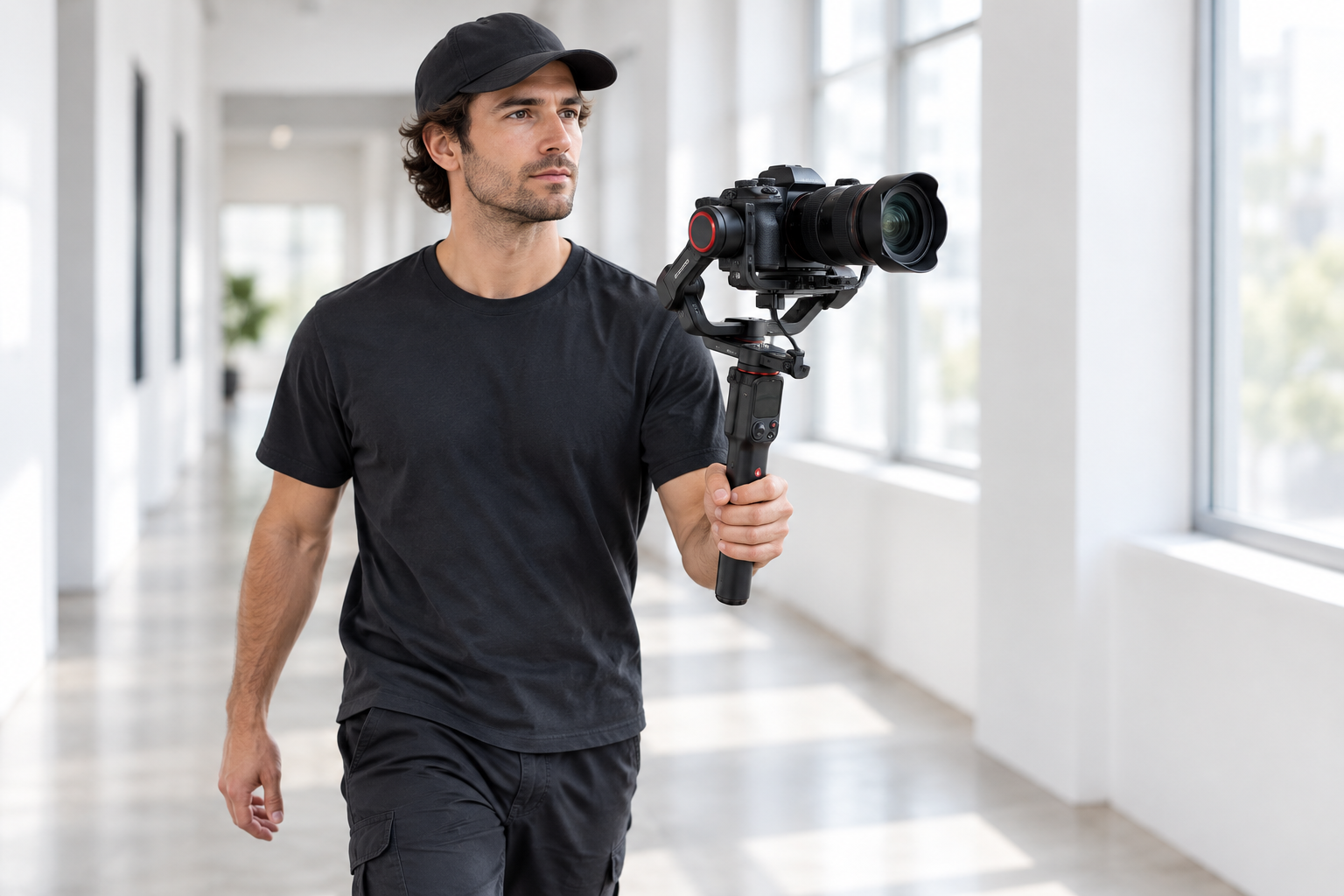 Videographer walking with a gimbal