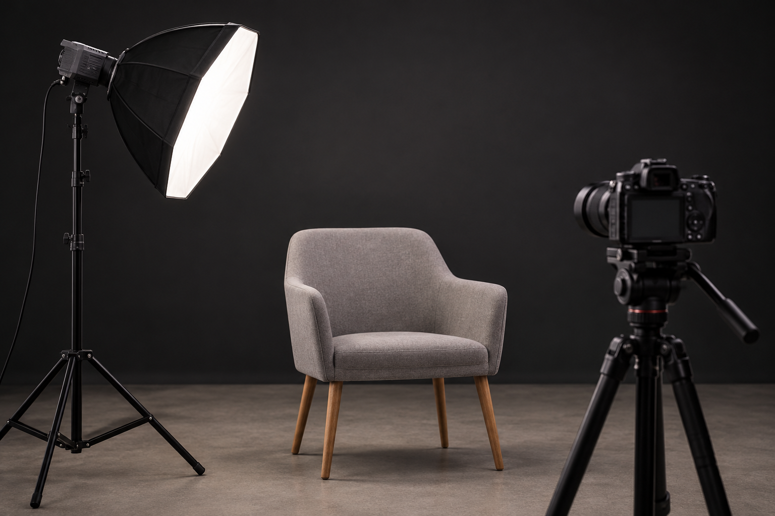 LED-valgusti koos softboxiga kaamera kõrval