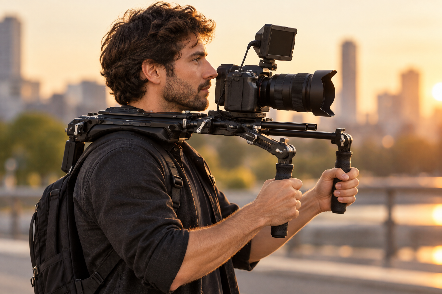 Videographer using a shoulder rig