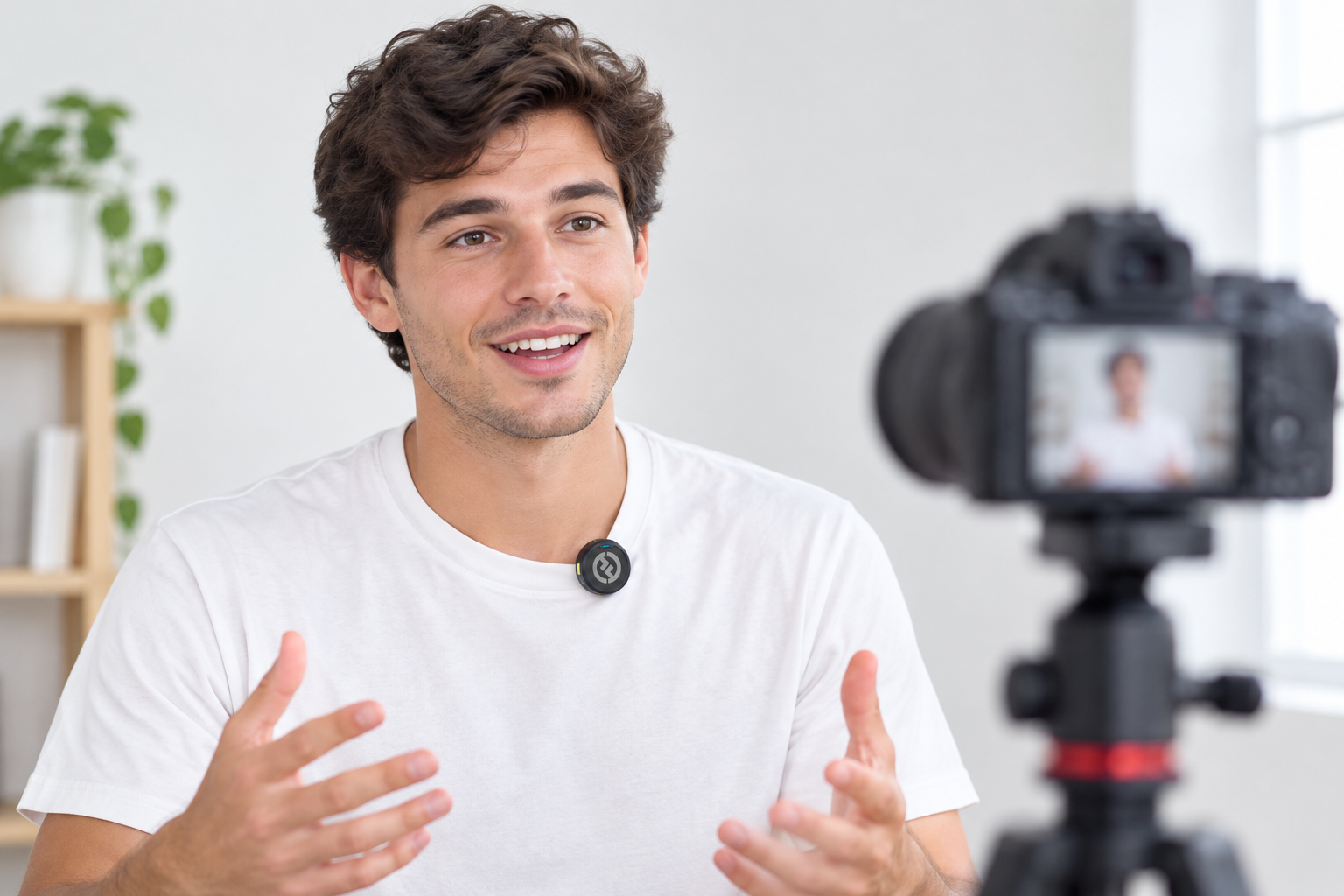 Vlogger with wireless transmitter on collar