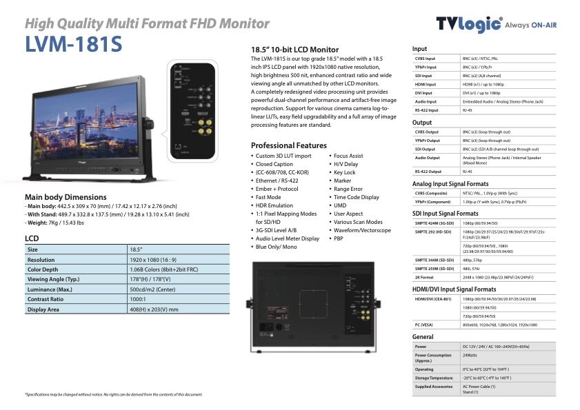 18.5" TVLOGIC LVM-181S FHD stuudio monitor