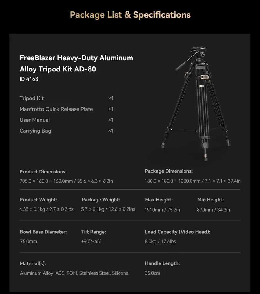 SMALLRIG 4163 Heavy-Duty Aluminium Video Tripod Kit FreeBlazer AD-80