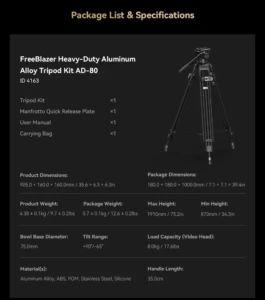 SMALLRIG 4163 Heavy-Duty Aluminium Video Tripod Kit FreeBlazer AD-80