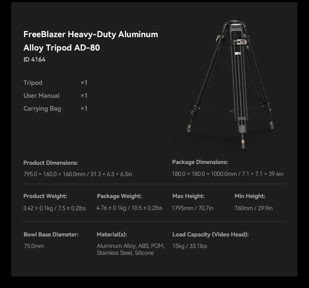 SMALLRIG 4163 Heavy-Duty Aluminium Video Tripod Kit FreeBlazer AD-80