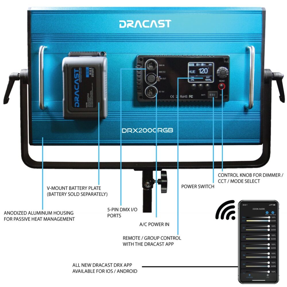 DRACAST X Series LED2000 RGBWW LED Video Light Panel (130W)