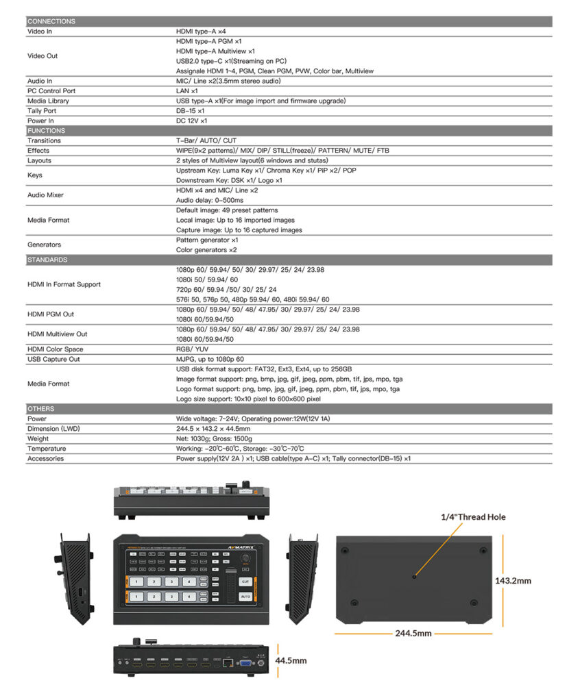 AVMATRIX HVS0402U micro 4 channel HDMI live streaming video switcher