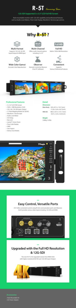 5.5” TVLOGIC R-5T triple 2RU UHD-4K ready rack mount monitor, 12G-SDI/HDMI