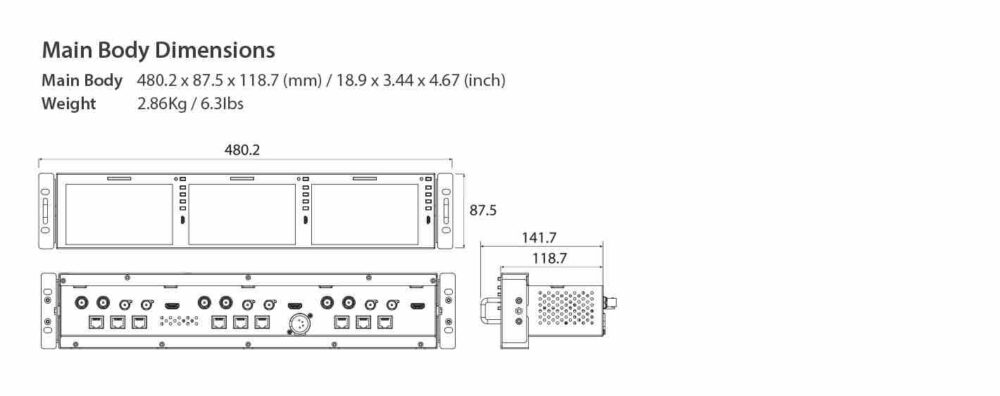 5.5” TVLOGIC R-5T triple 2RU UHD-4K ready rack mount monitor, 12G-SDI/HDMI