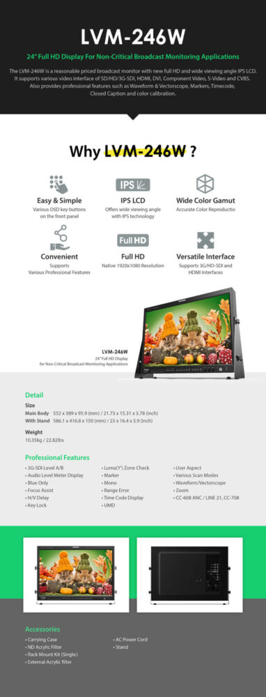 24" TVLOGIC LVM-246W 3G LCD monitor HD/SD