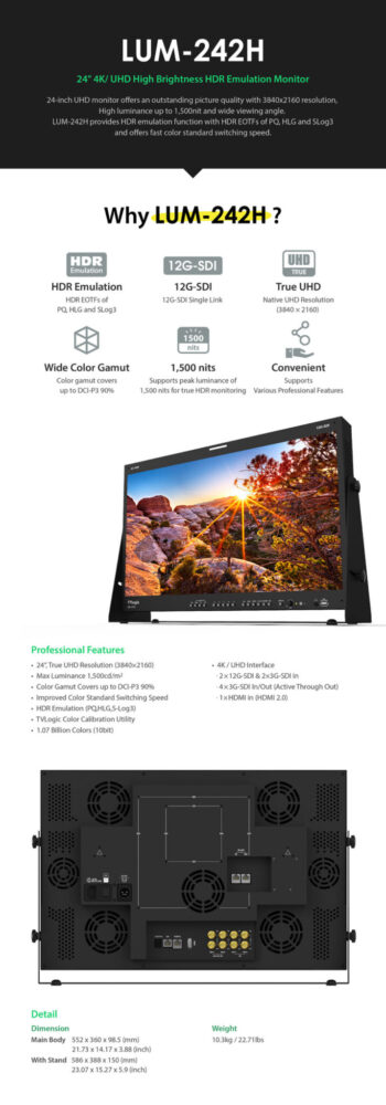 24" TVLOGIC LUM-242H DCI-UHD monitor, 10 bit IPS LCD, 12-bit processing, 12G-SDI/HDMI