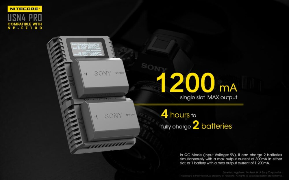 Nitecore USN4 PRO dual slot digital USB charger for Sony NP-FZ100 batteries