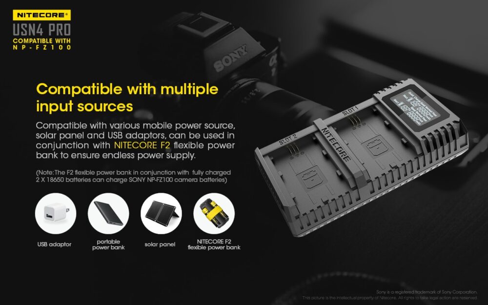 Nitecore USN4 PRO dual slot digital USB charger for Sony NP-FZ100 batteries