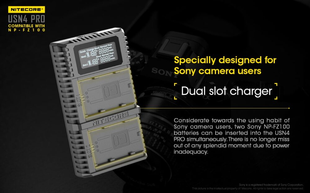 Nitecore USN4 PRO dual slot digital USB charger for Sony NP-FZ100 batteries