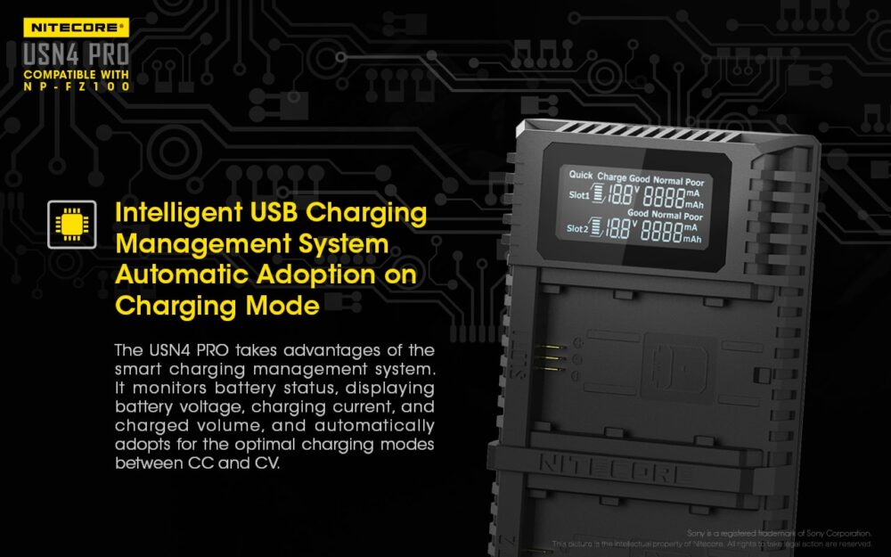 Nitecore USN4 PRO dual slot digital USB charger for Sony NP-FZ100 batteries