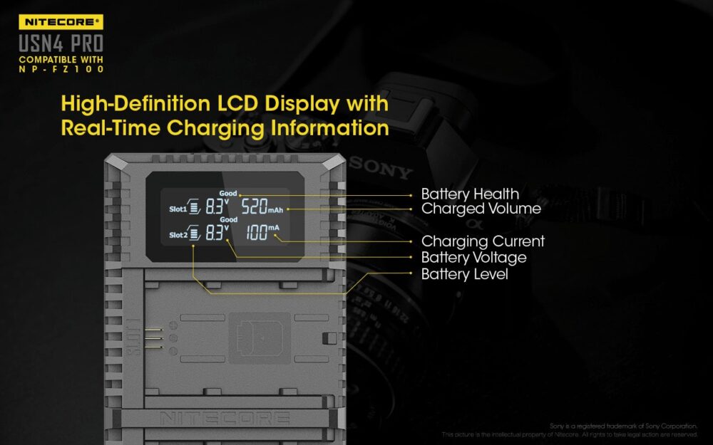 Nitecore USN4 PRO dual slot digital USB charger for Sony NP-FZ100 batteries