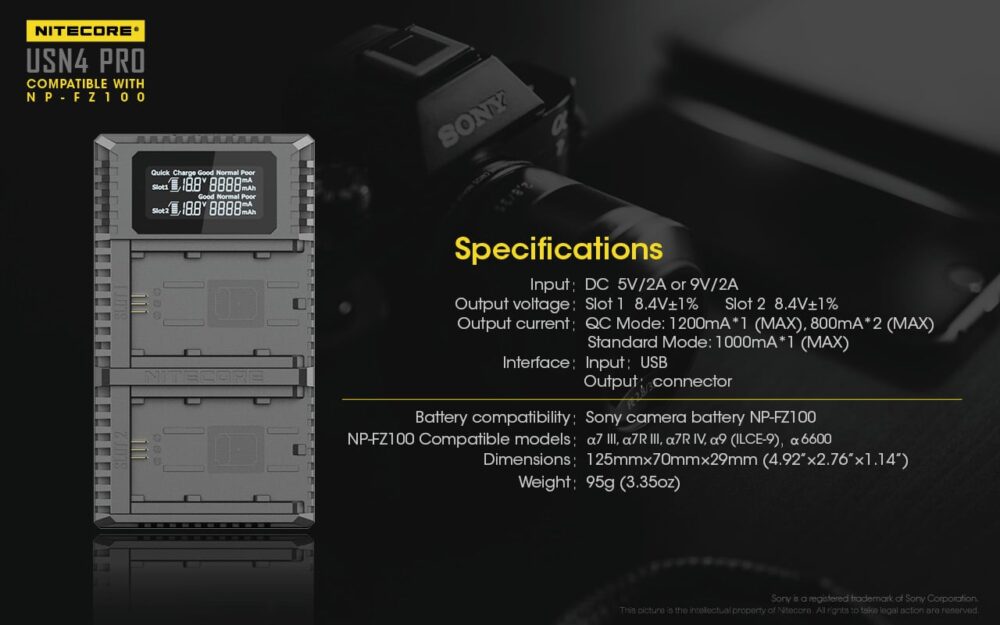 Nitecore USN4 PRO dual slot digital USB charger for Sony NP-FZ100 batteries
